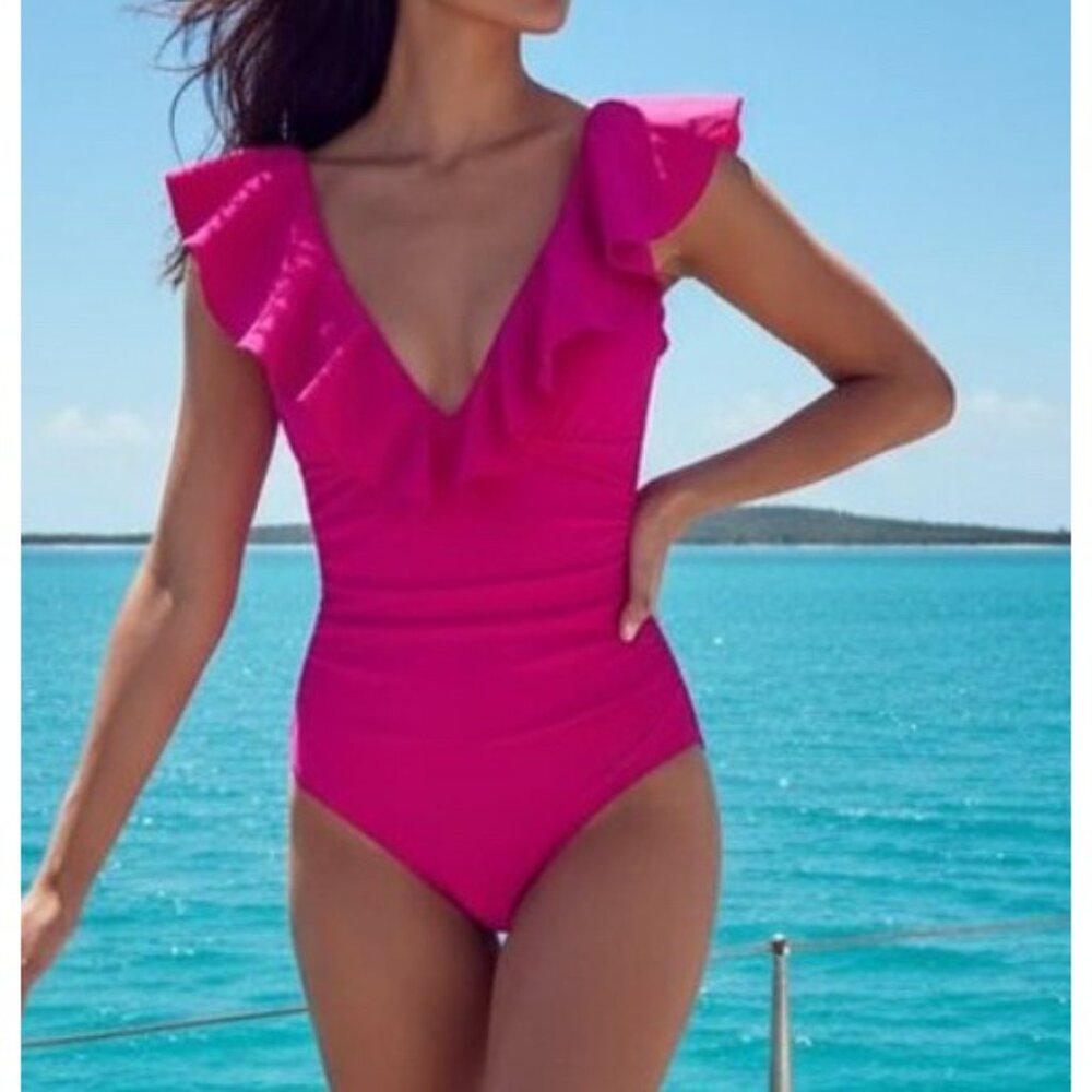 J. Crew Ruched Ruffle One-Piece Swimsuit Fuchsia Pink Vneck NEW Re-imagined 12 - Picture 5 of 5